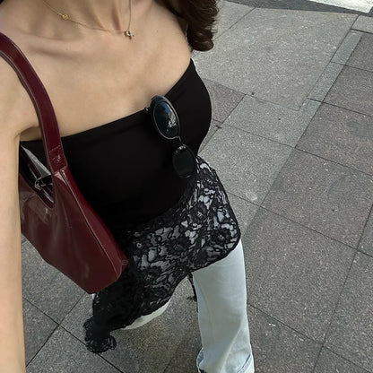 Off Shoulder Lace Ruffle Trim Backless Slim Tank Top
