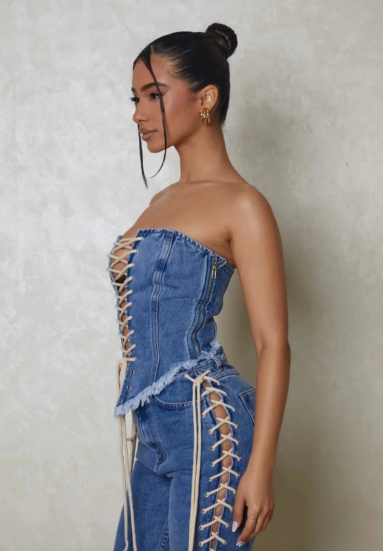 Denim Drawstring Strapless Top