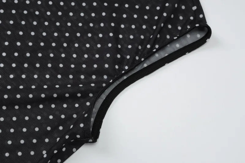 Black Polka Dot Mesh Sheer Top and Long Skirt Two Piece Set