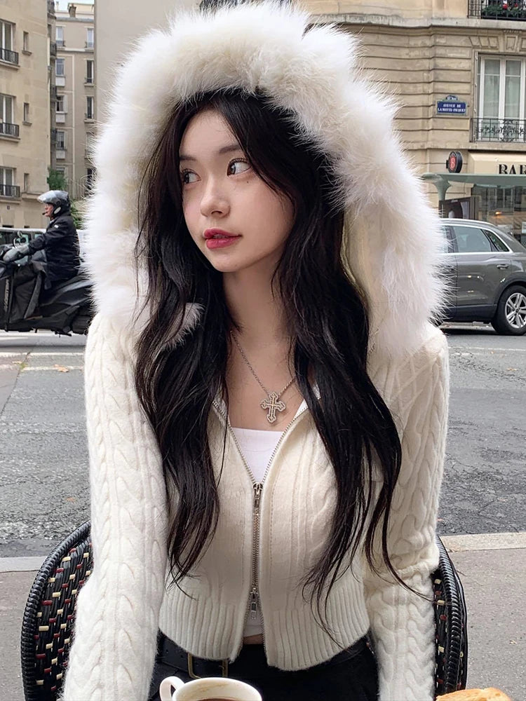 Zip Up Hoodie Coat with Fur Neck
