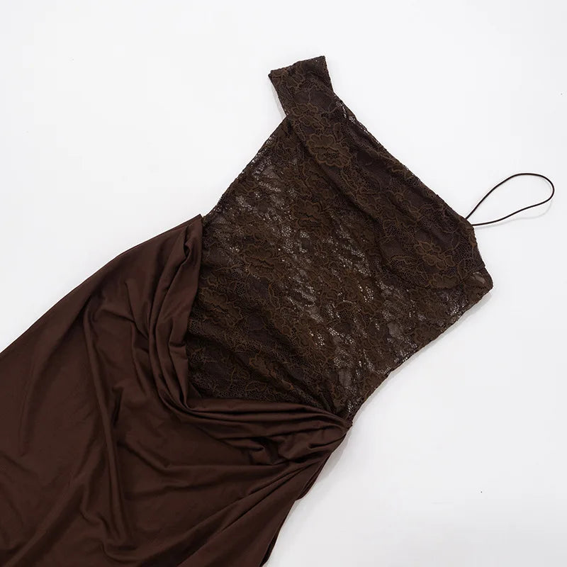 See Through Lace One Shoulder High Slit Maxi Dress