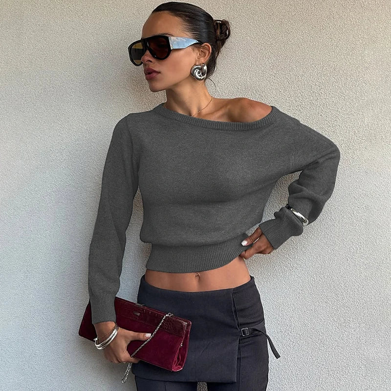Inclined Shoulder Long Sleeve Slim Sweater