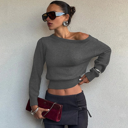 Inclined Shoulder Long Sleeve Slim Sweater