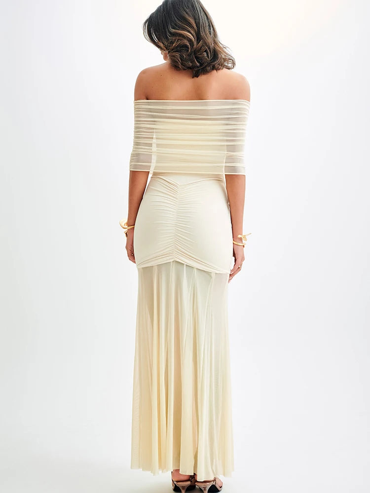 Off Shoulder Ruched Maxi Dress Apricot Backless High Waist Dress