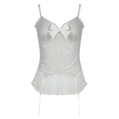 Lace Ruffles Bow Top - Elegant Gray Camis