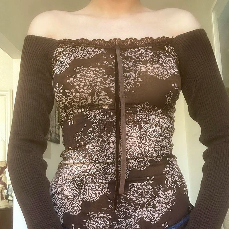 Floral Print Slim Top Tees Lace-up Brown ing Patchwork