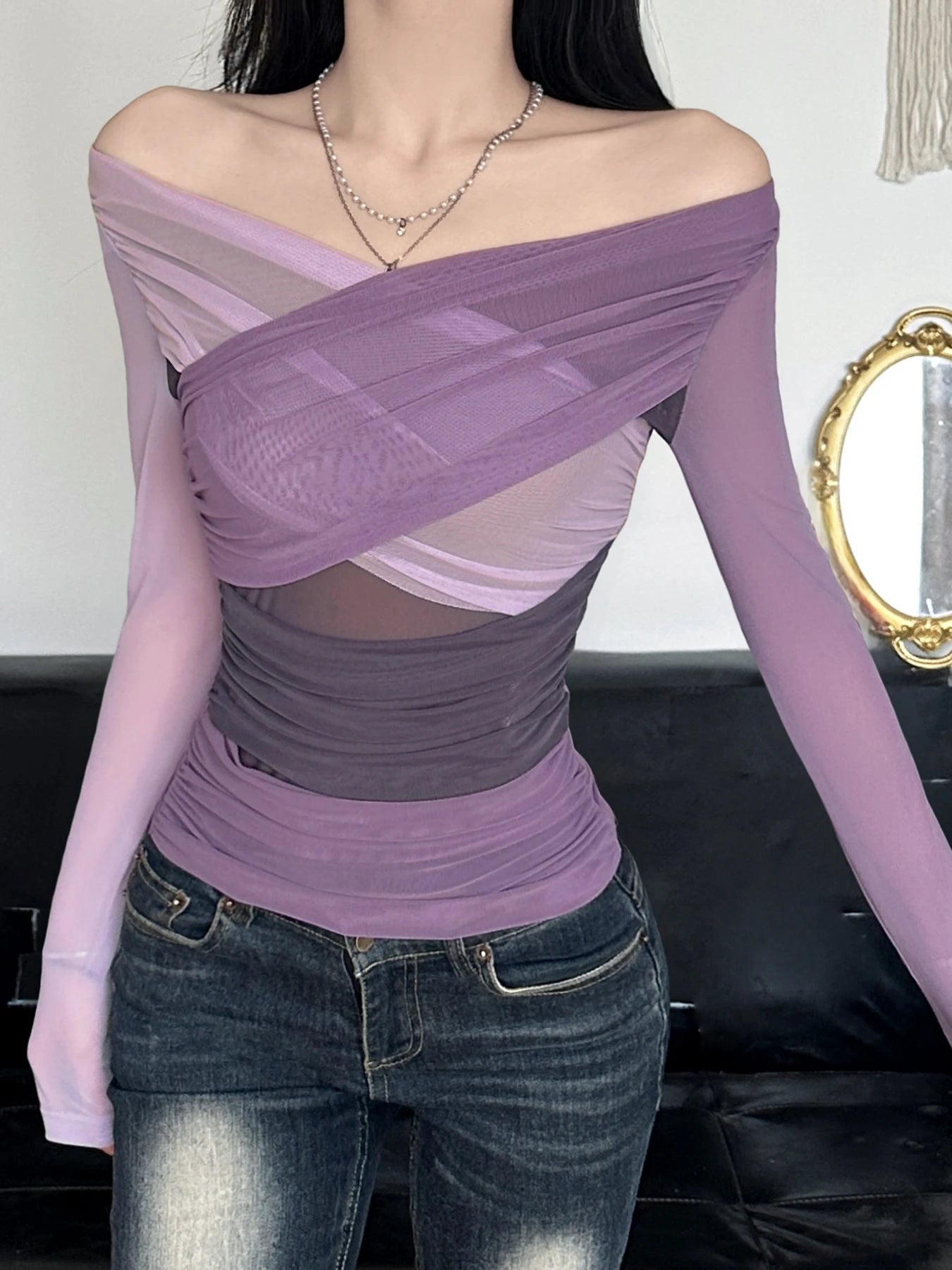 Patchwork Asymmetry Slim Tee Shirts Long Sleeves V-neck 's