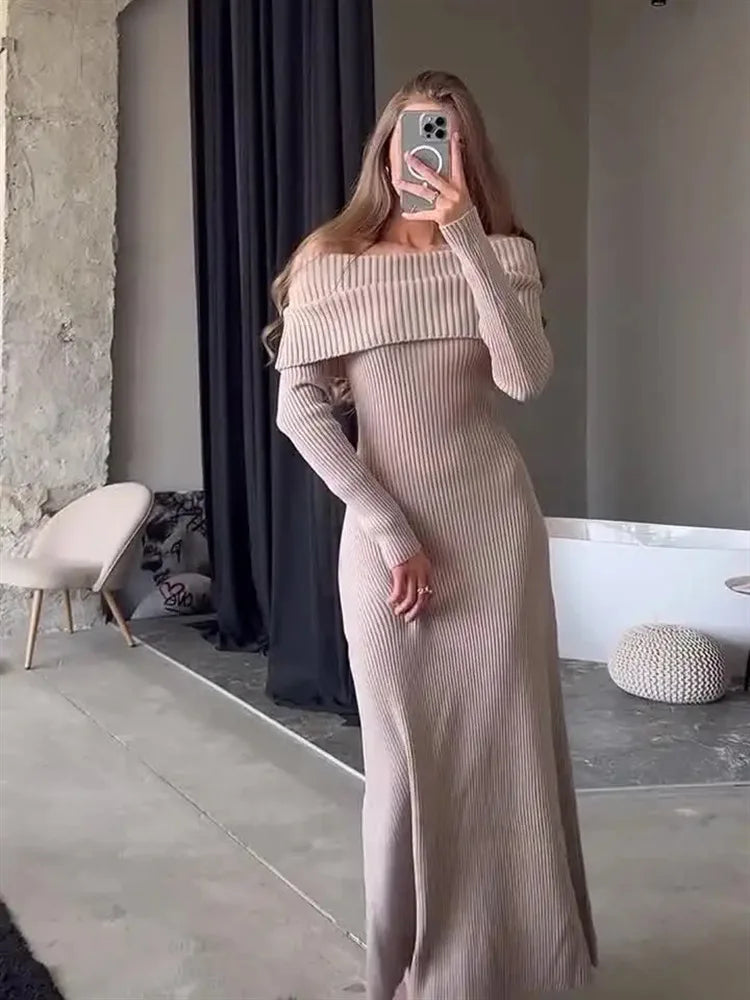 Knit Long Dress Off-Shoulder Ribbed Loose High Waist Dress Ladies Knit Maxi Dress