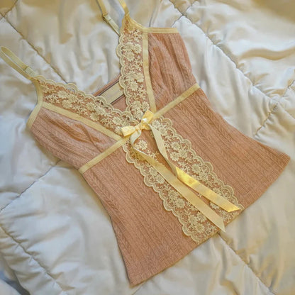Ribbon Bow Lace V-Neck Top