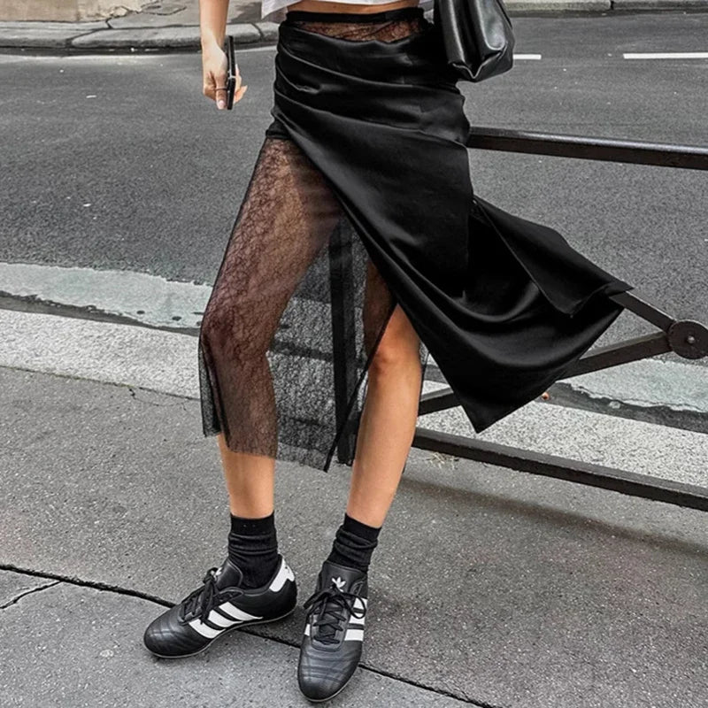 Black Lace Splice Skirt See Through High Waist Skirt Mid-Length Skirts