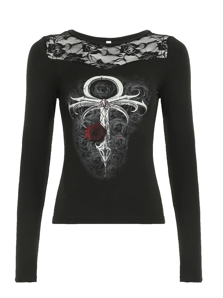 Gothic Lace Print Slim Top Long Sleeves Tee Shirts ing