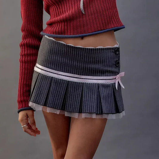 Black High Waist Mini Skirt with Pink Bow