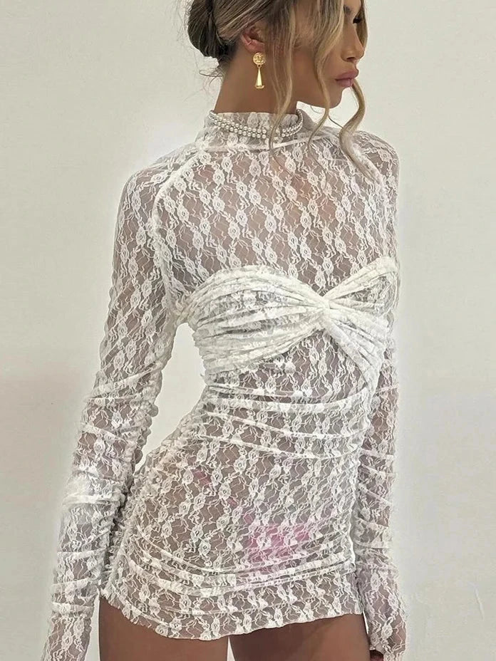 White Lace See Through Mini Dress