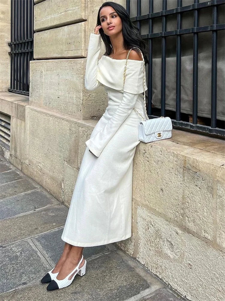 Knit Long Dress Off-Shoulder Ribbed Loose High Waist Dress Ladies Knit Maxi Dress