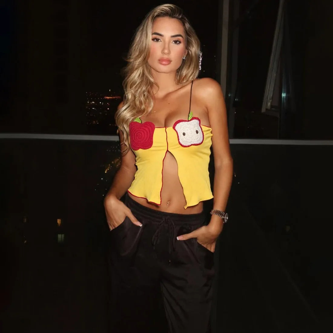 Yellow Fruit Embroidery Slit Top