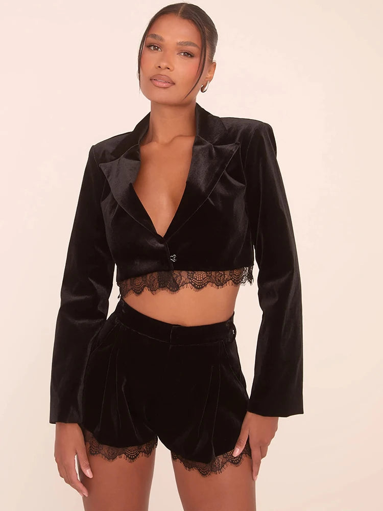 Notch Collar Lace Blazer Set Black Single Button Blazer Short Pant Set Two Piece Set