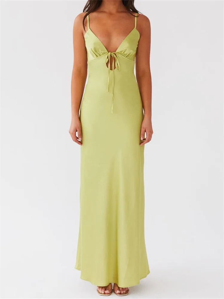 Dress Color Sleeveless Strap V-neck Front Tie-Up Backless Long Dress Slim