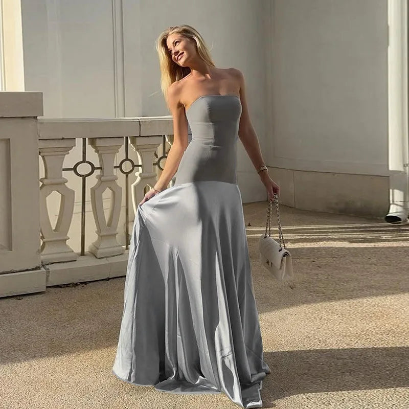 Gray Satin Strapless Backless Maxi Flowy Dress