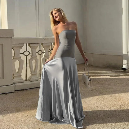 Gray Satin Strapless Backless Maxi Flowy Dress