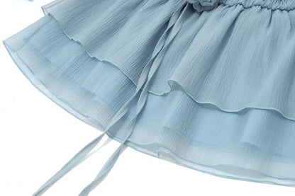 Blue Mesh Ruffles Mini Dress