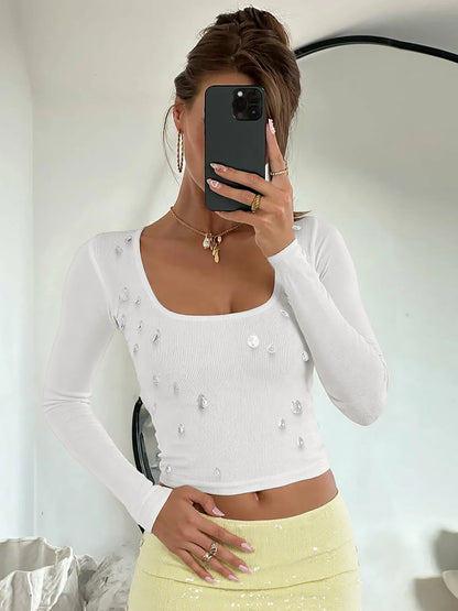 Knit Square Collar Long Sleeve Slim Water Droplets Diamond Top