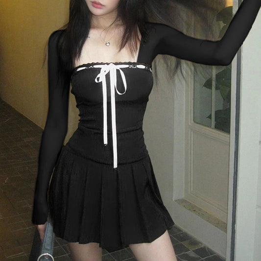 Black Lace Up Square Collar Dresses Balletcore Aesthetic Bodycon Long Sleeve Mini Dress Korean