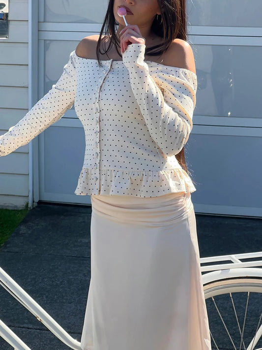White Polka Dot Off Shoulder Long Sleeve Top
