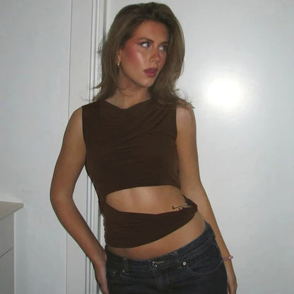 Brown Hollow Out Sleeveless Round Neck Top