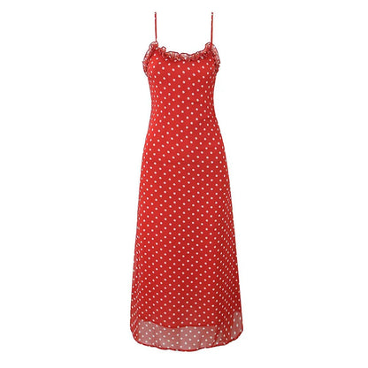 Red Polka Dot Ruffle A-Line Midi Dress