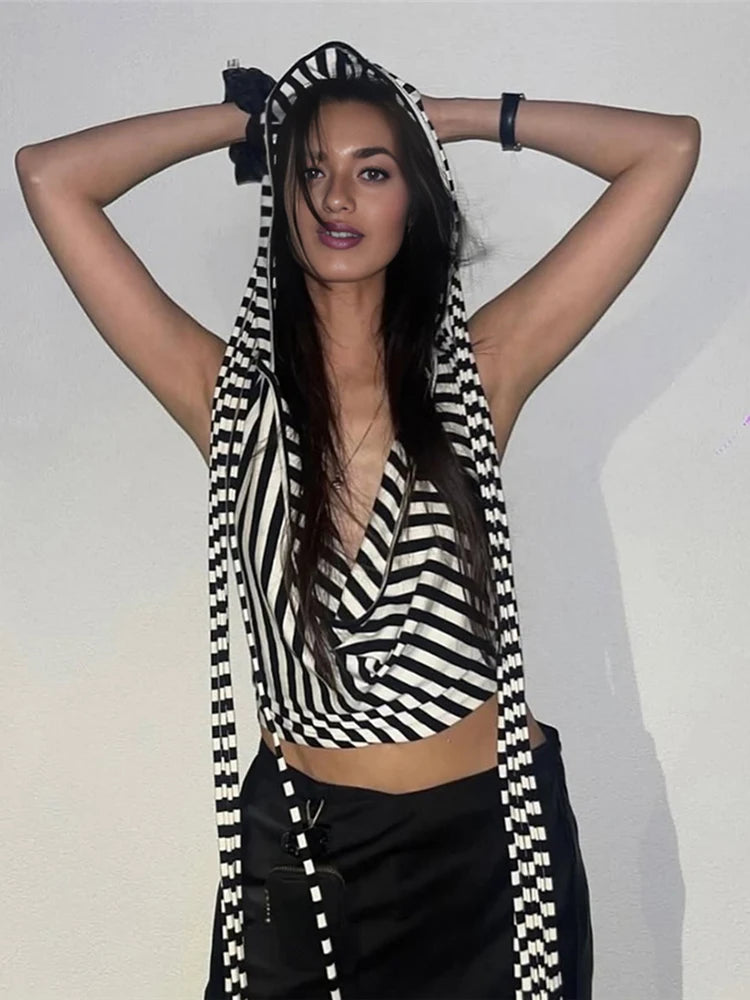 Black And White Stripes Hooded Backless Top