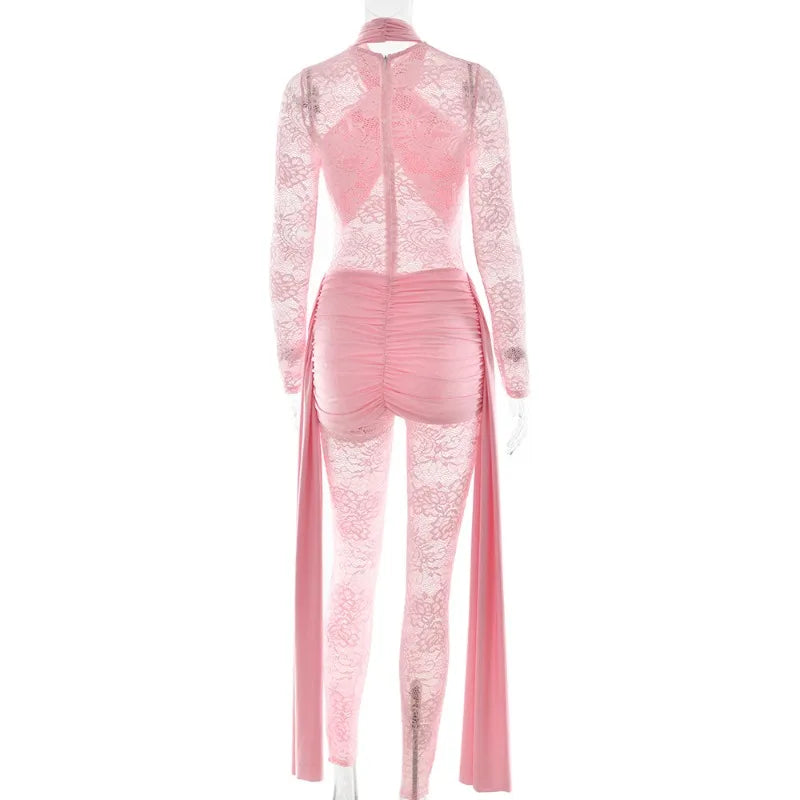 One Piece Long Sleeve See Through Lace Mesh Jumpsuit