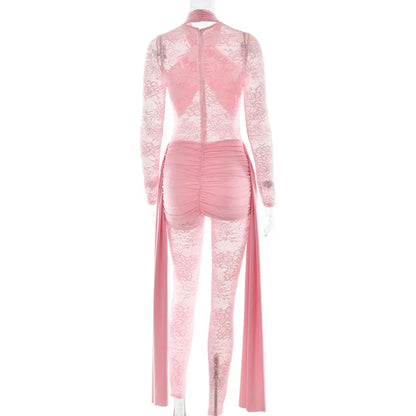 One Piece Long Sleeve See Through Lace Mesh Jumpsuit
