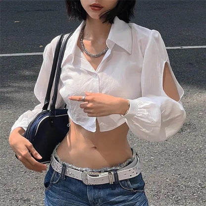 White Puff Long Sleeve V-Neck Crop Top