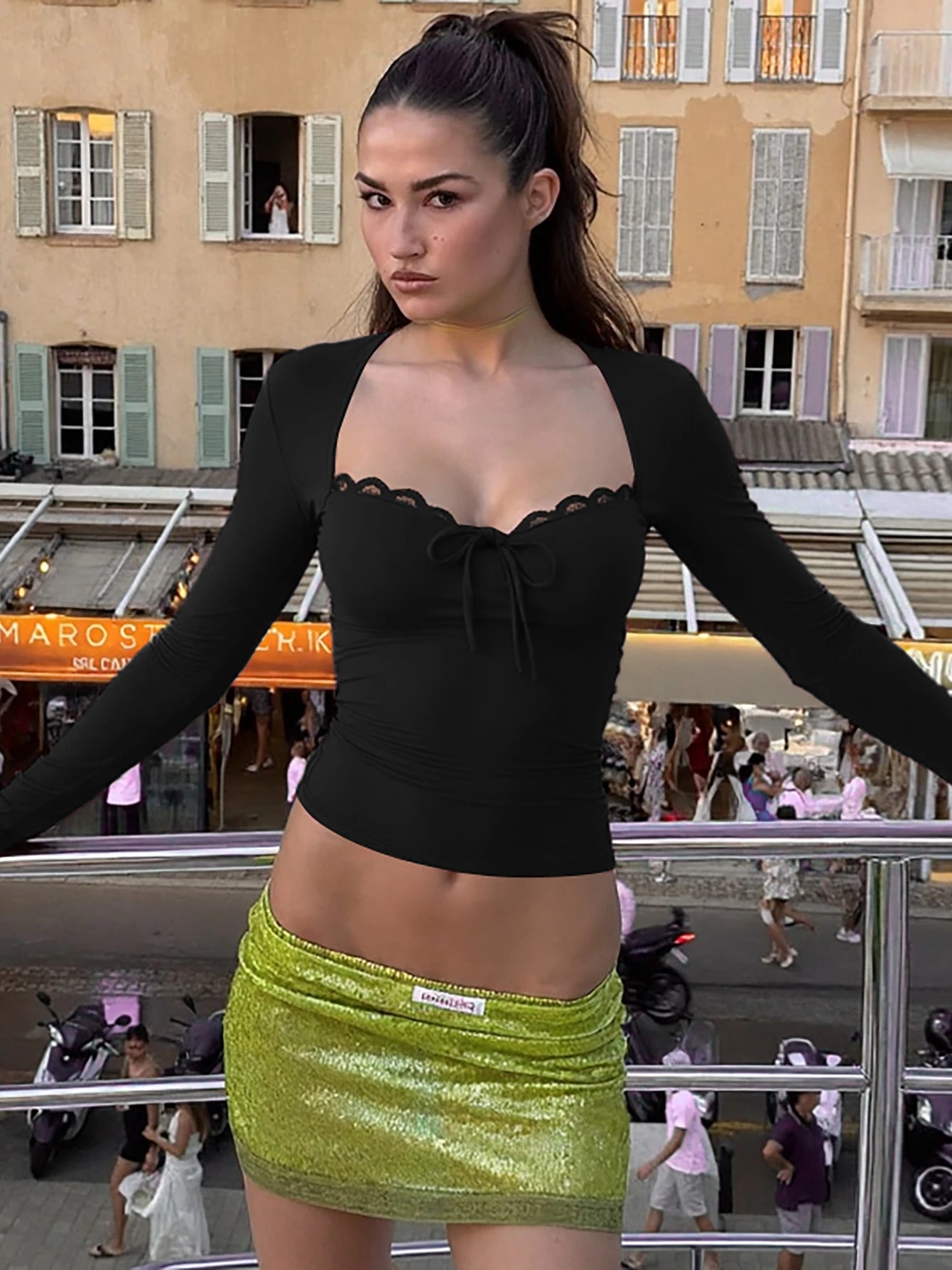 Knit Square Collar Slim Lace Ruffles Patchwork Long Sleeve Top
