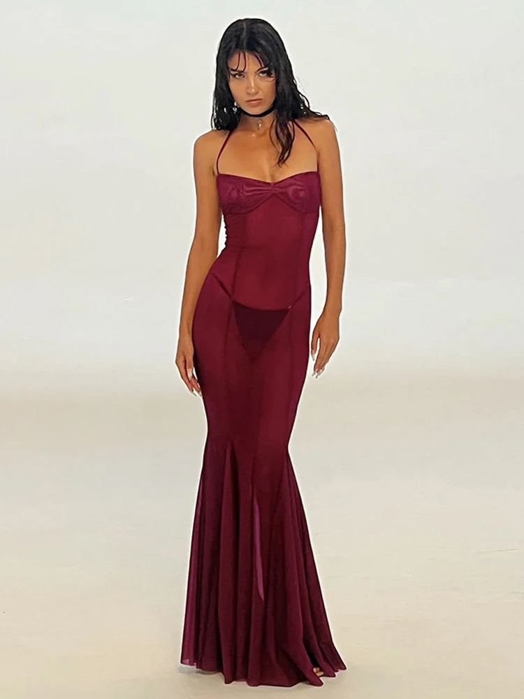 Lace Dress See Through Halter Lace-Up Solid Pleated Stripe