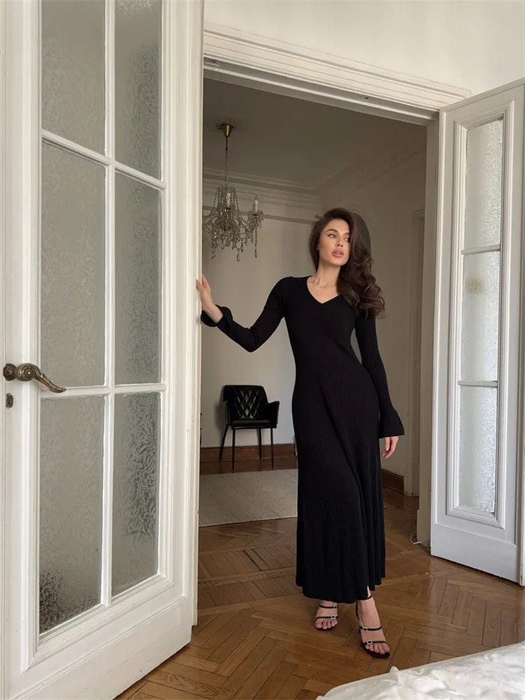 V-Neck Ribbed Knit Dress Patchwork Ruffled Slim High Waist Long Sleeve Bodycon Dress Knit Vintage Maxi Dress