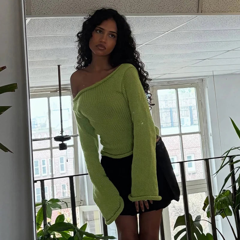 Knit Off Shoulder Slim Long Bell Sleeve Sweater