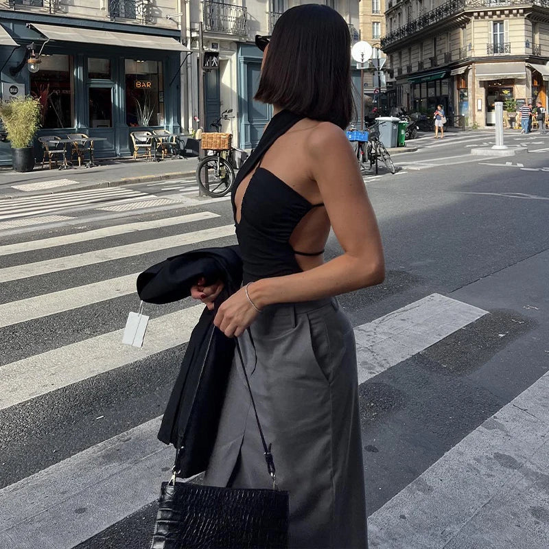 Black Irregular Halter Backless Bodysuit