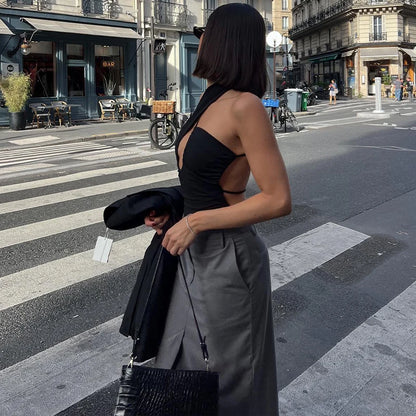 Black Irregular Halter Backless Bodysuit