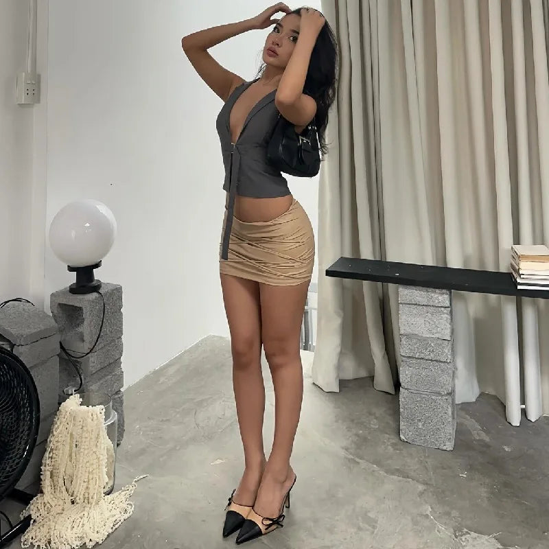 Gray Halter V-Neck Blazer Top