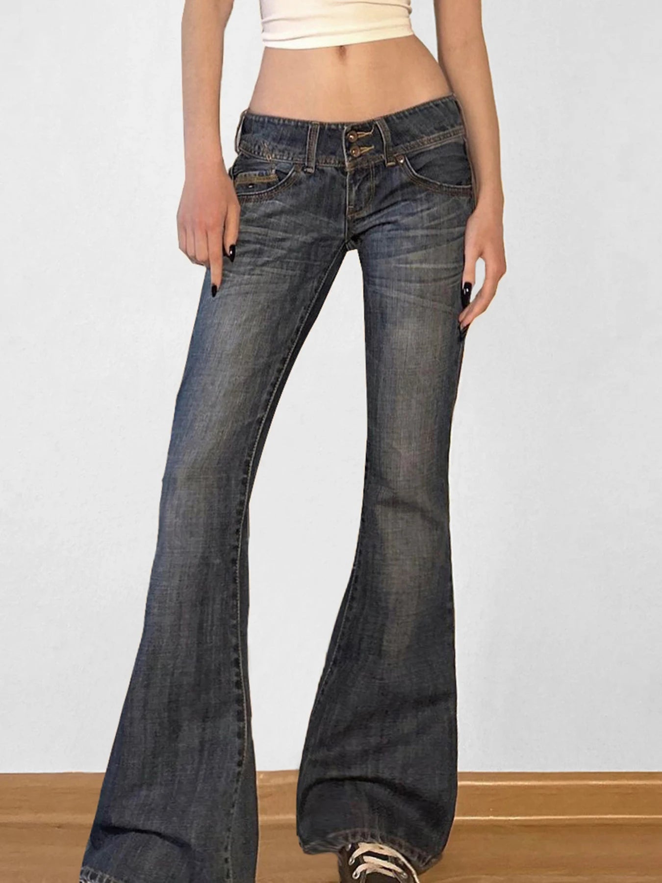 Low Waisted Washed Flared Jeans Button Pants Slim Pockets Bottoms