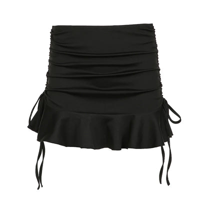 Lace-up Low Waisted Mini Skirt with Ruffles - Black