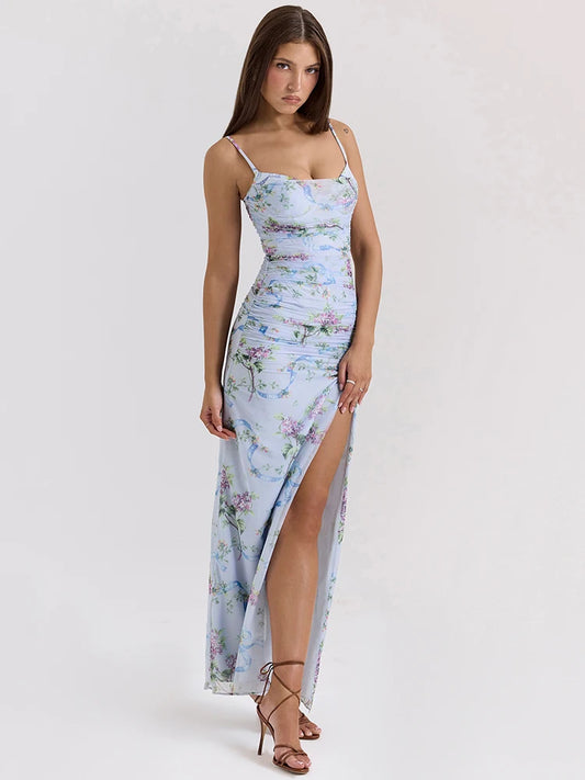 High Slit Floral Maxi Dress Purple Spaghetti Strap Evening Dress Slim