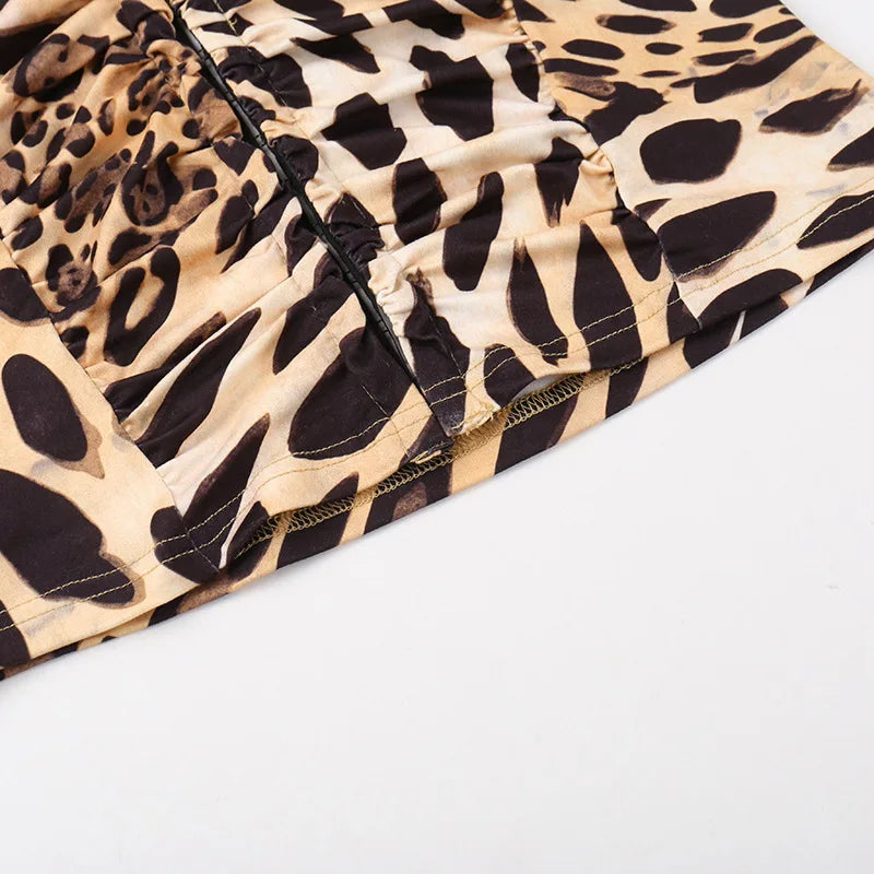 Leopard V-Neck Ruched Long Sleeve Top