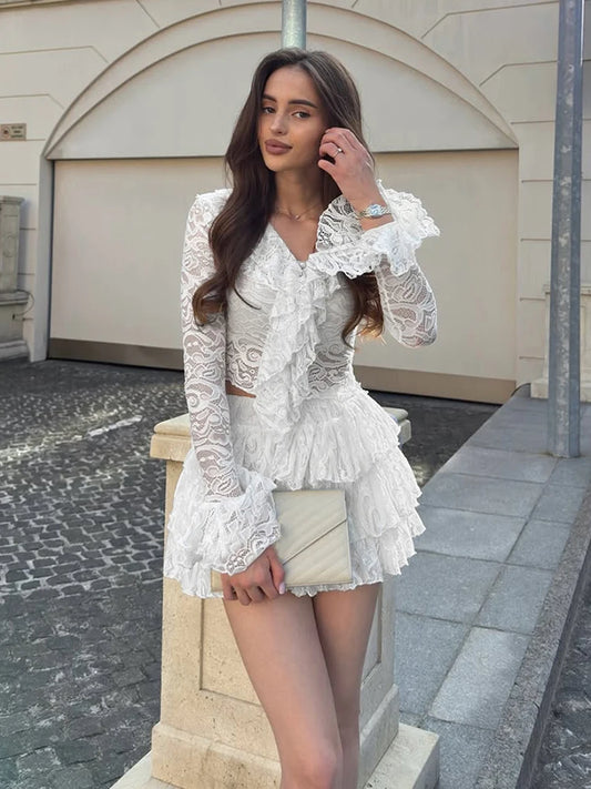 White Ruffles V-Neck Crop Top and Mini Skirt Set