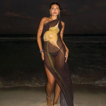 One-Shoulder Sheer Mesh Dress Black