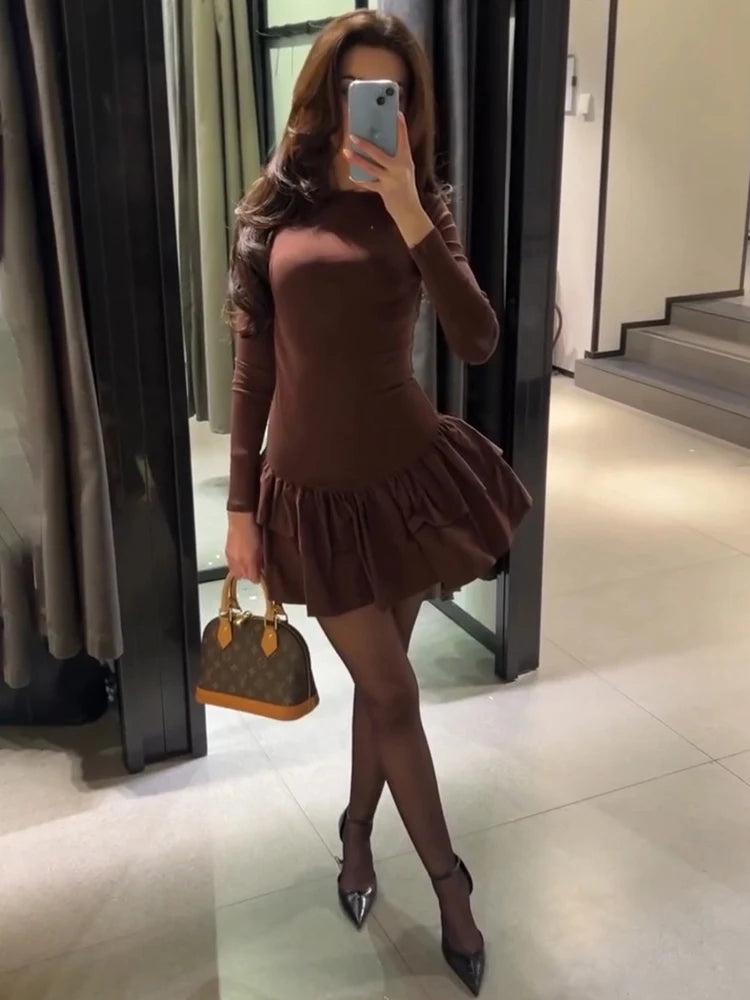 Ruffl Splice Mini Dress Solid Long Sleeve Office Dress Frill Dress