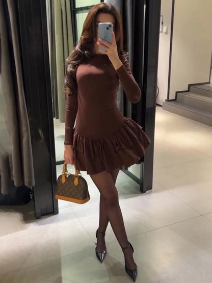 Ruffl Splice Mini Dress - Elegant Long Sleeve Office Dress