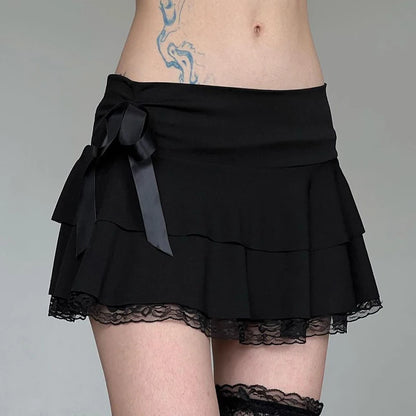 Gothic Black Mini Skirt with Lace Patchwork Black