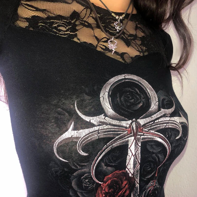 Gothic Lace Print Slim Top Long Sleeves Tee Shirts ing